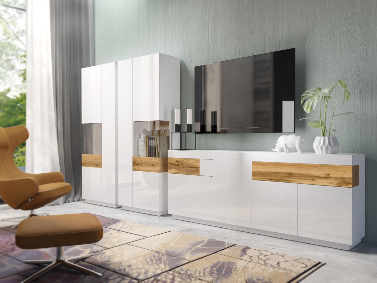 Estantería Livlore 100 (Blanco + Blanco brillante + Roble wotan)