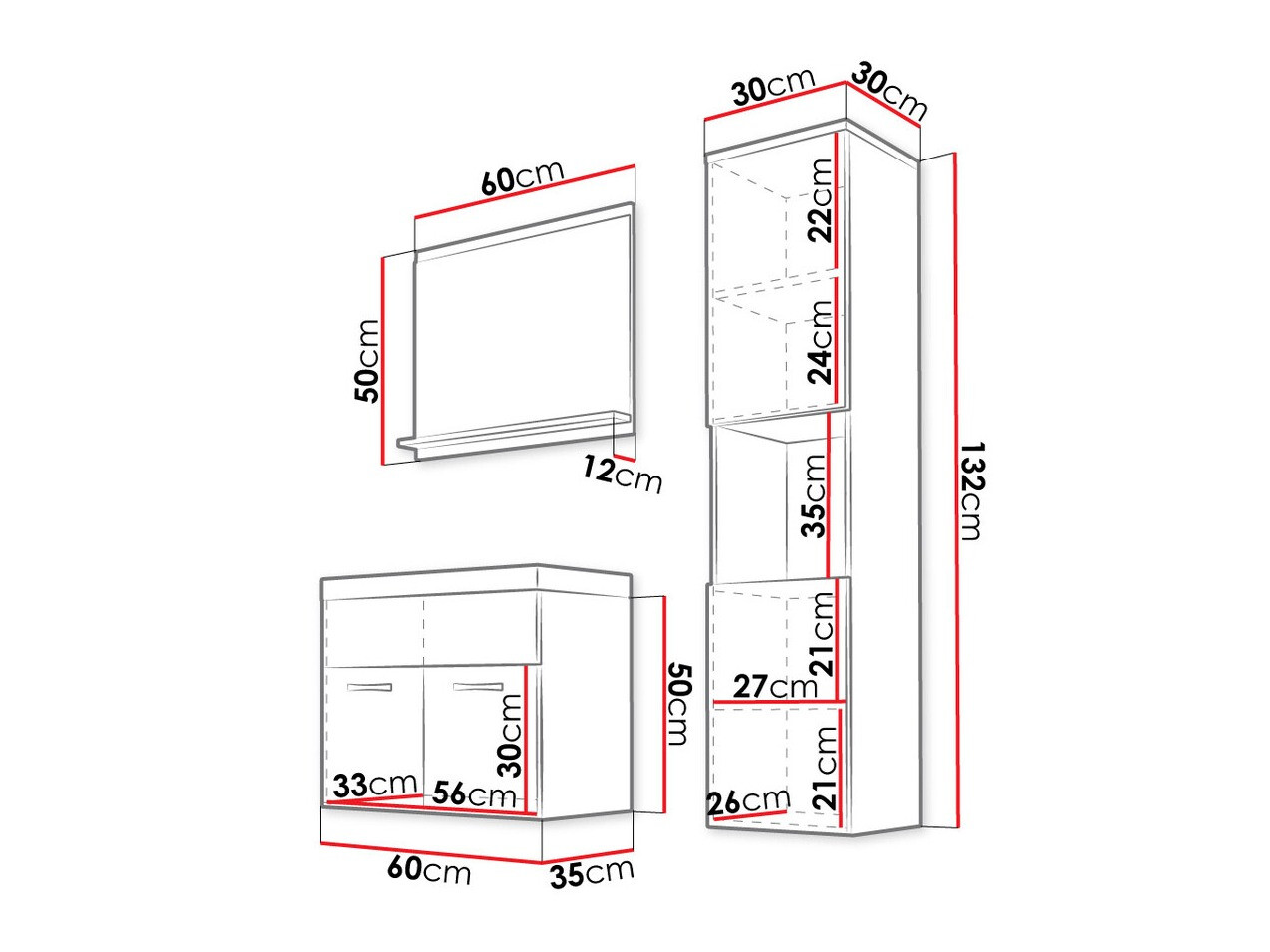 Conjunto de mueble de baño Sarasota 122 (Madera gris + Blanco brillante)