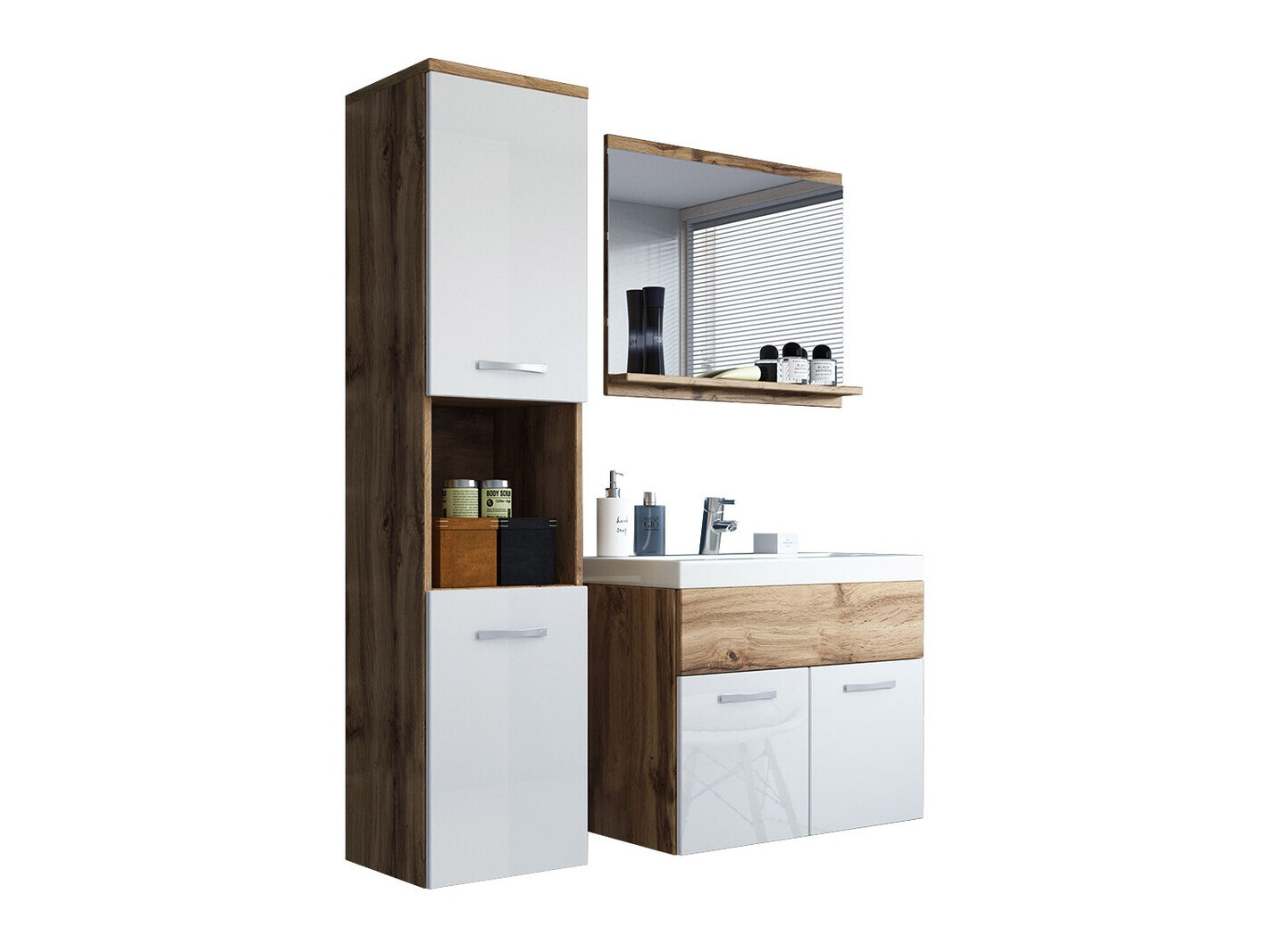 Conjunto de mueble de baño Sarasota 122 (Roble wotan + Blanco brillante)