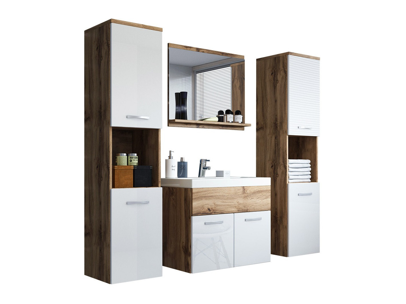 Conjunto de mueble de baño Sarasota 123 (Roble wotan + Blanco brillante)