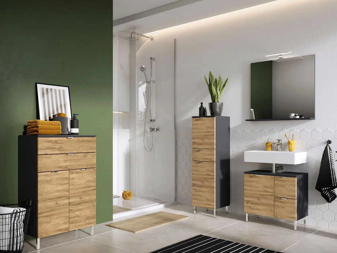 Conjunto de mueble de baño Lomcamo 109 (Grafito + Roble nieto)