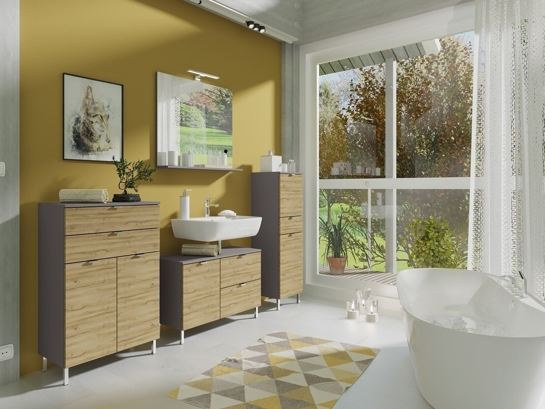 Conjunto de mueble de baño Lomcamo 109 (Grafito + Roble nieto)