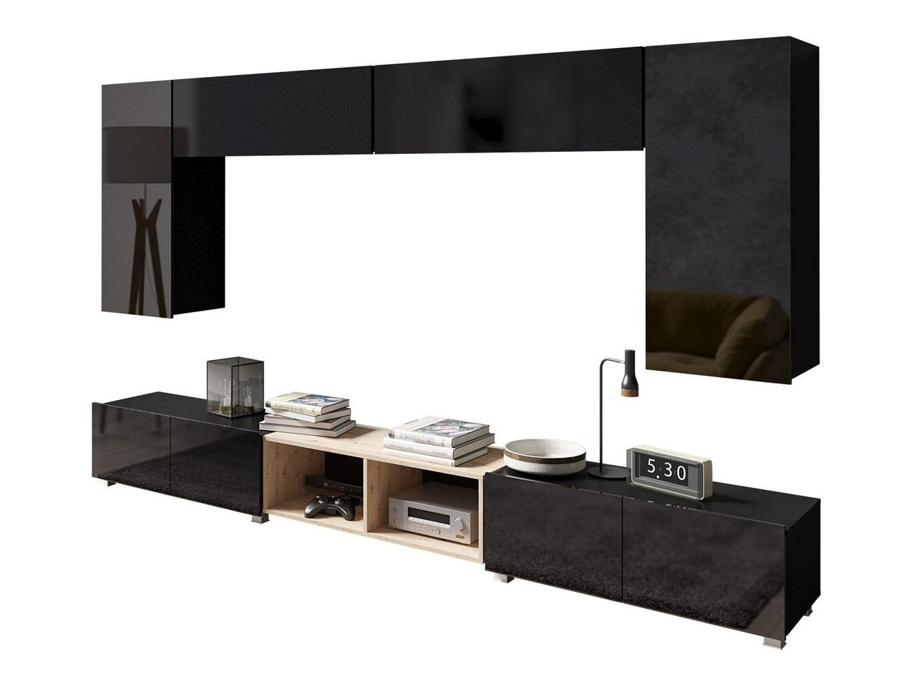 Conjunto de salón Remus XXIII (Negro + Negro brillante + Roble Artisan)