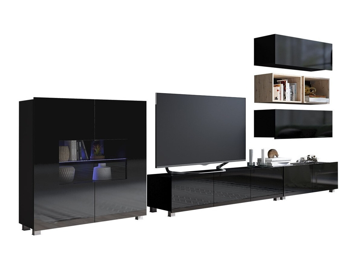 Conjunto de salón Tivdalu 148 (Negro + Negro brillante + Roble Artisan)