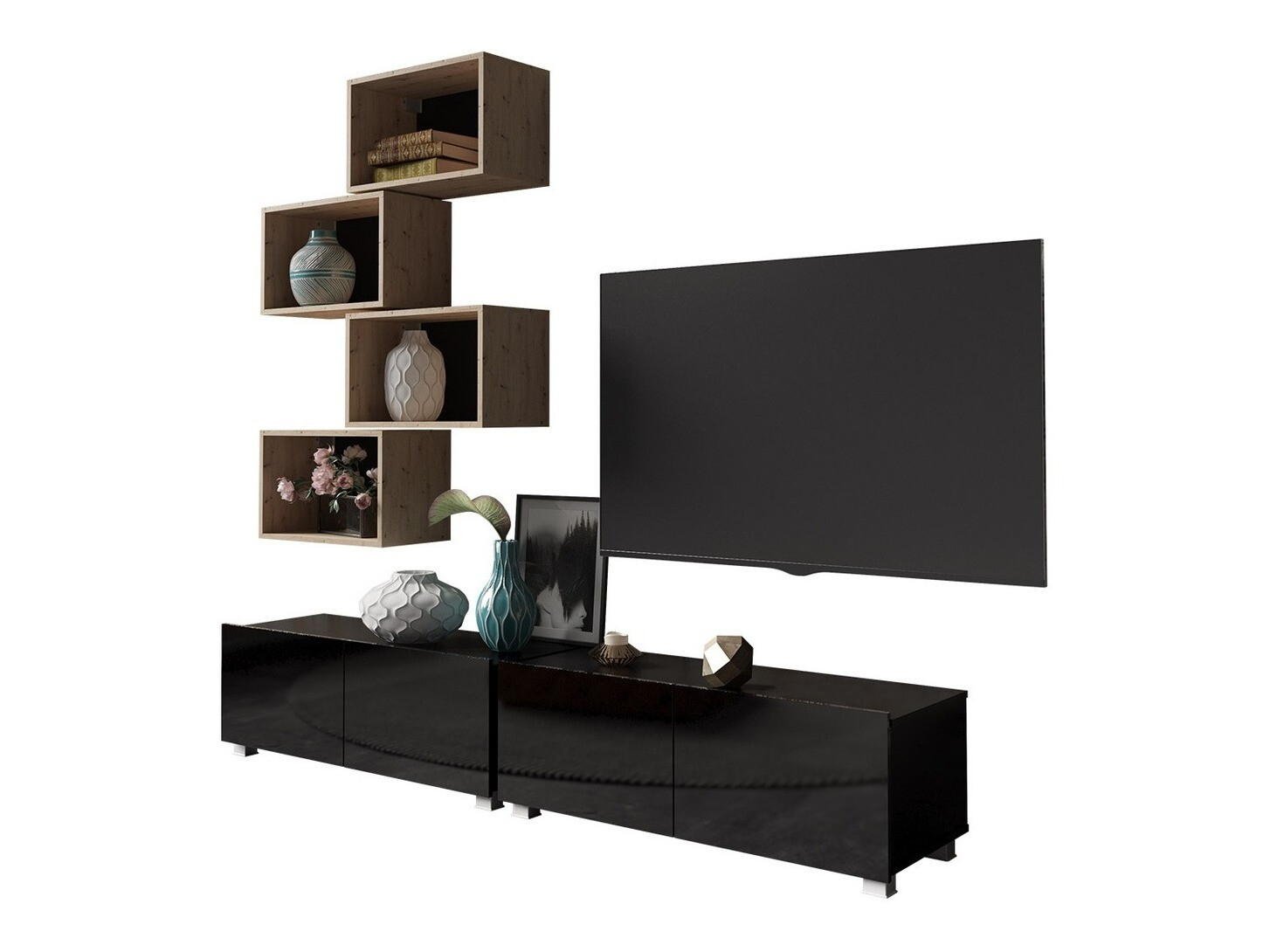 Conjunto de salón Tivdalu 150 (Negro + Negro brillante + Roble Artisan)