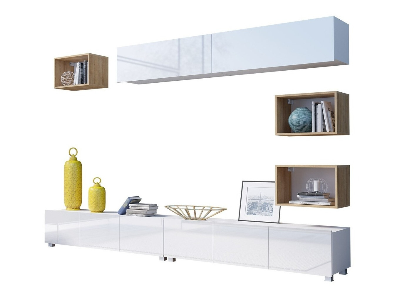 Conjunto de salón Tivdalu 151 (Blanco + Blanco brillante + Roble dorado)