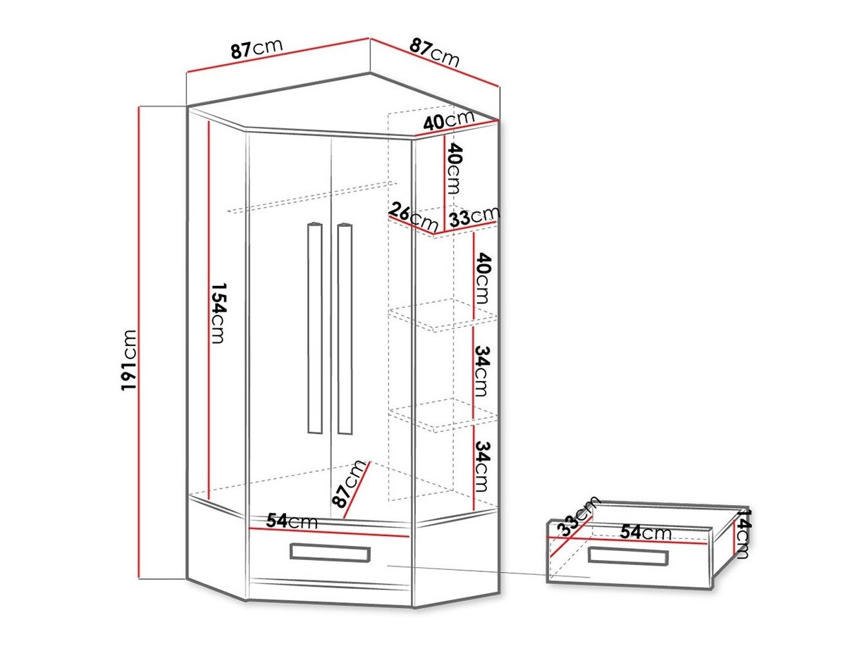 Armario de rincón Merevari 103 (Blanco + Blanco brillante + Gris)