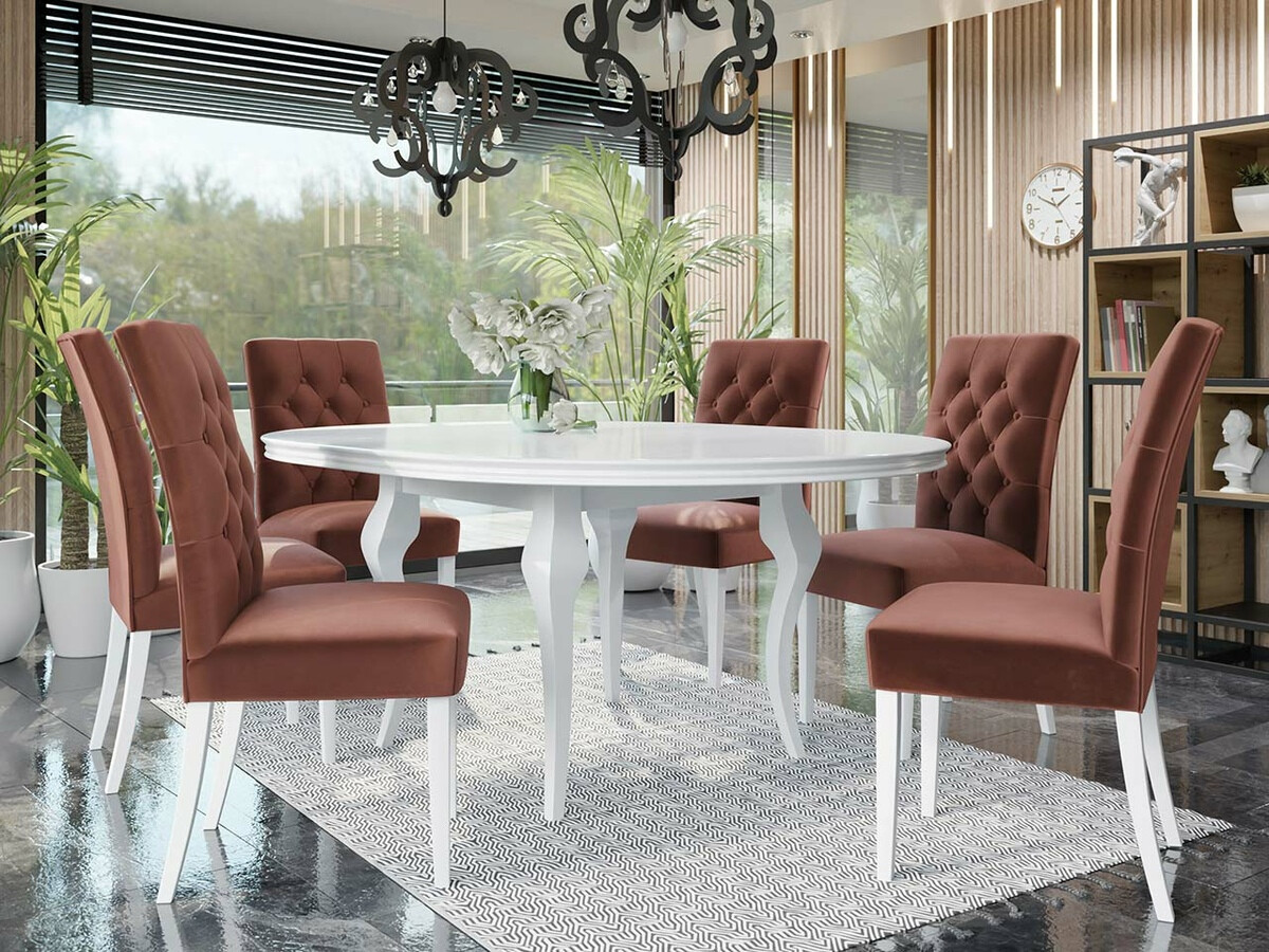 Conjunto de mesas y sillas para comedor Racine 138 (Blanco brillante + Magic Velvet 2258)