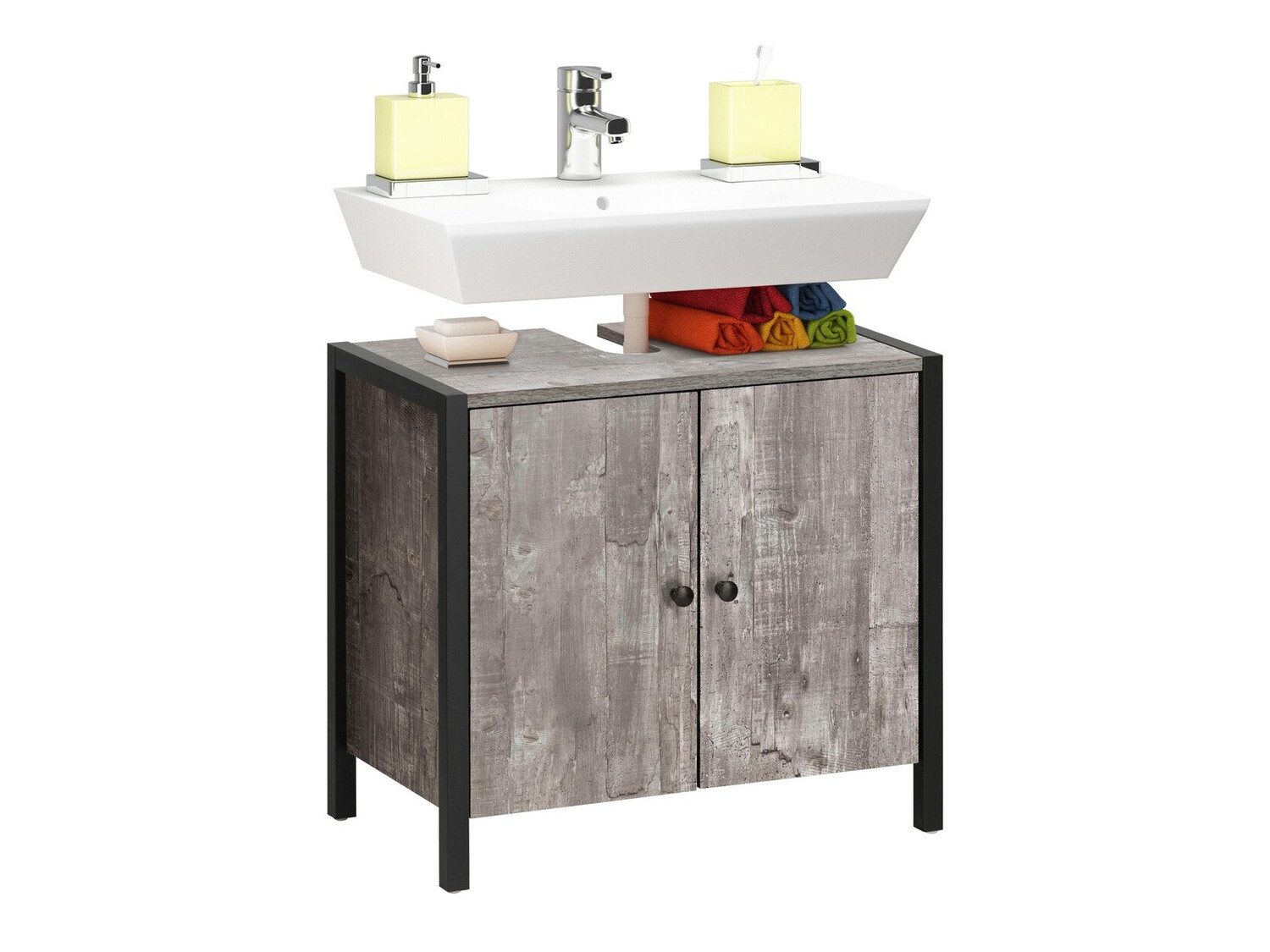 Armario de baño de pie para lavabo Larnovo 113 (Roble gris + Negro)