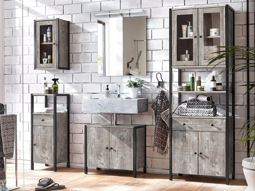 Armario de baño de pie para lavabo Larnovo 113 (Roble gris + Negro)