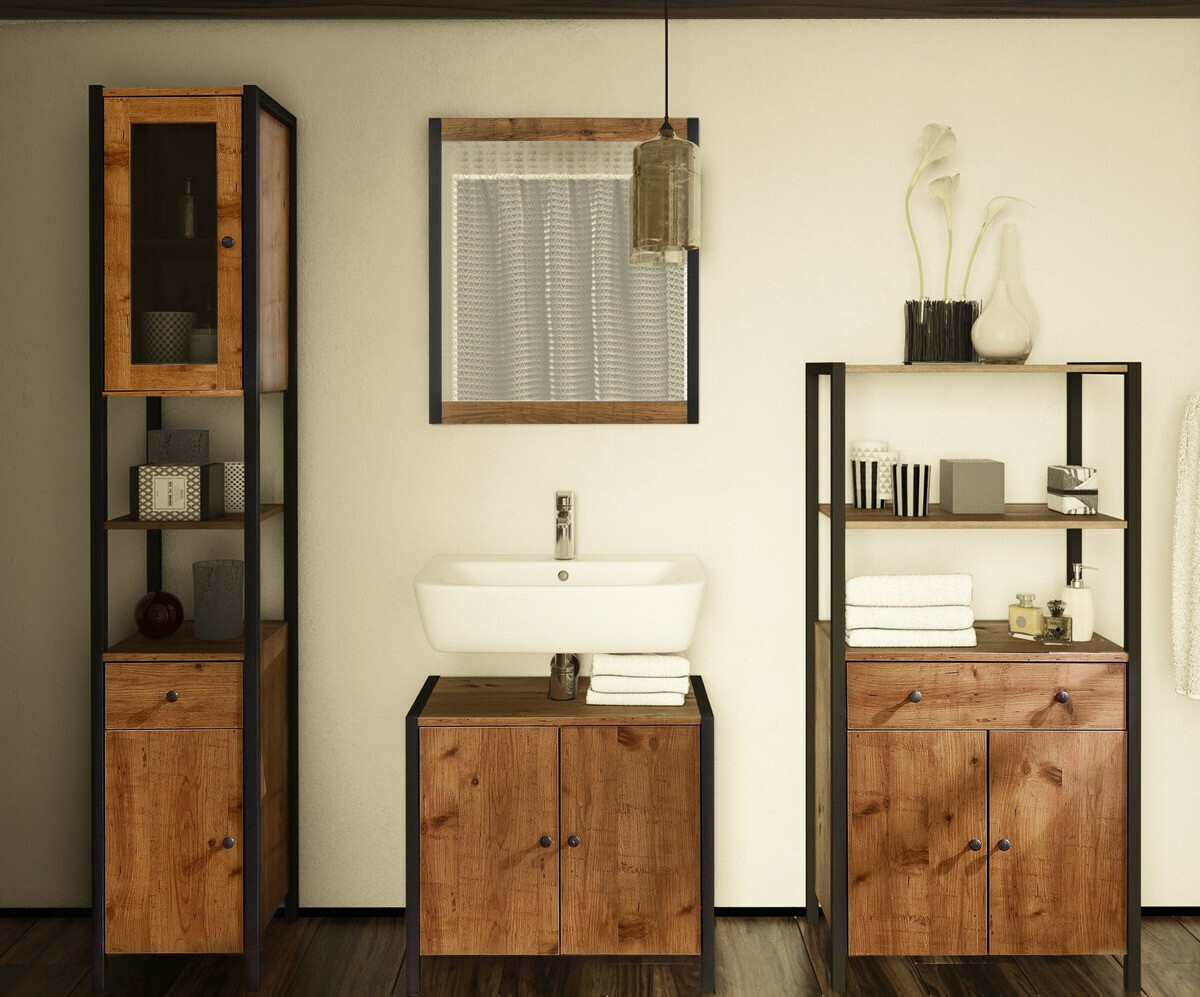 Armario de baño de pie para lavabo Larnovo 113 (Roble oscuro + Negro)