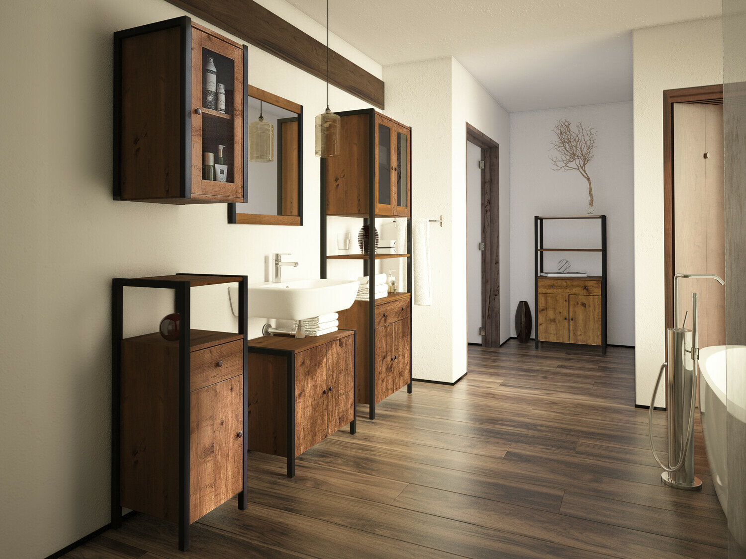 Armario de baño de pie para lavabo Larnovo 113 (Roble oscuro + Negro)