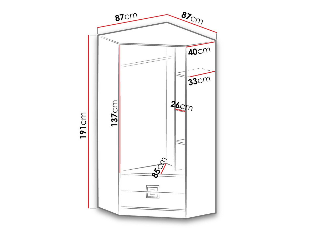 Armario de rincón Balvire 103 (Roble claro + Blanco + Gris)