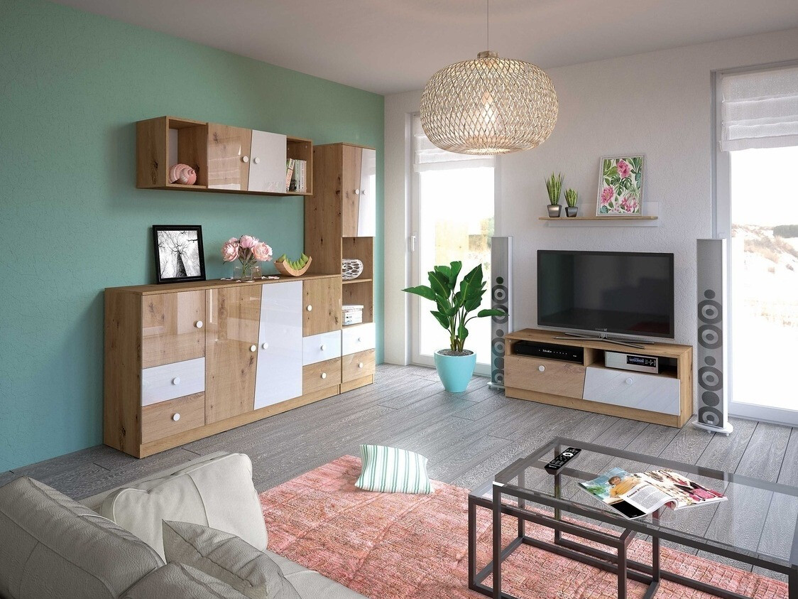 Armario de pared Mirelbu 111 (Roble Artisan + Blanco brillante + Gris)