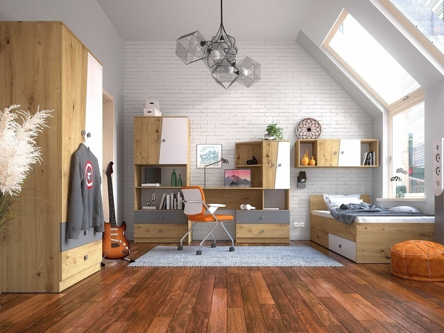 Armario de pared Mirelbu 111 (Roble Artisan + Blanco brillante + Gris)