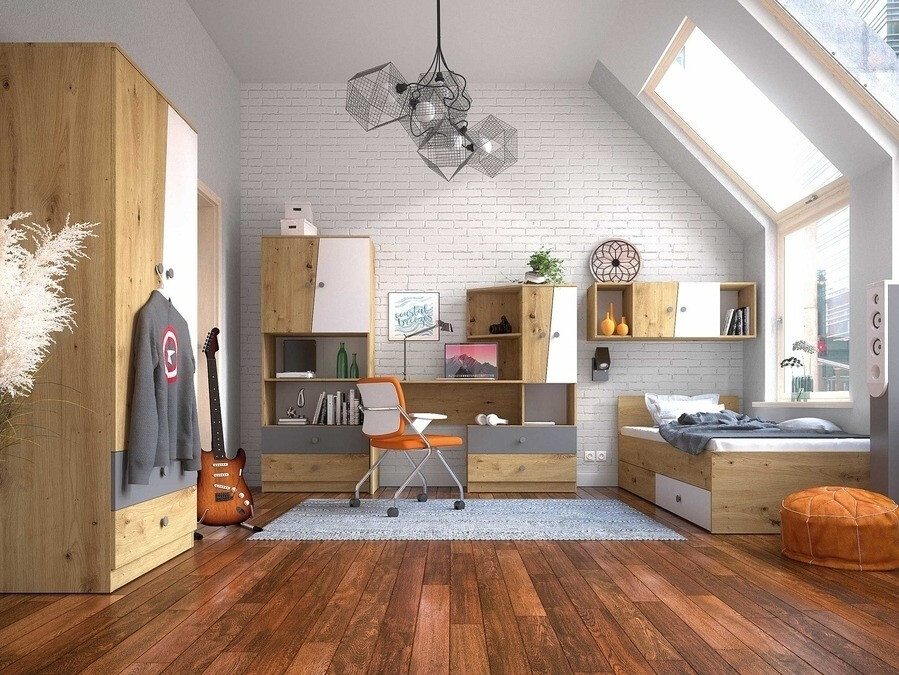 Armario de pared Mirelbu 111 (Roble Artisan + Blanco brillante + Negro)