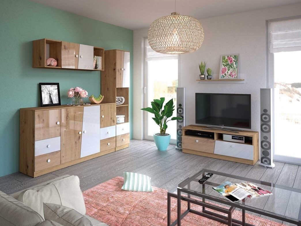 Cómoda Mirelbu 105 (Roble Artisan + Blanco brillante + Negro brillante)