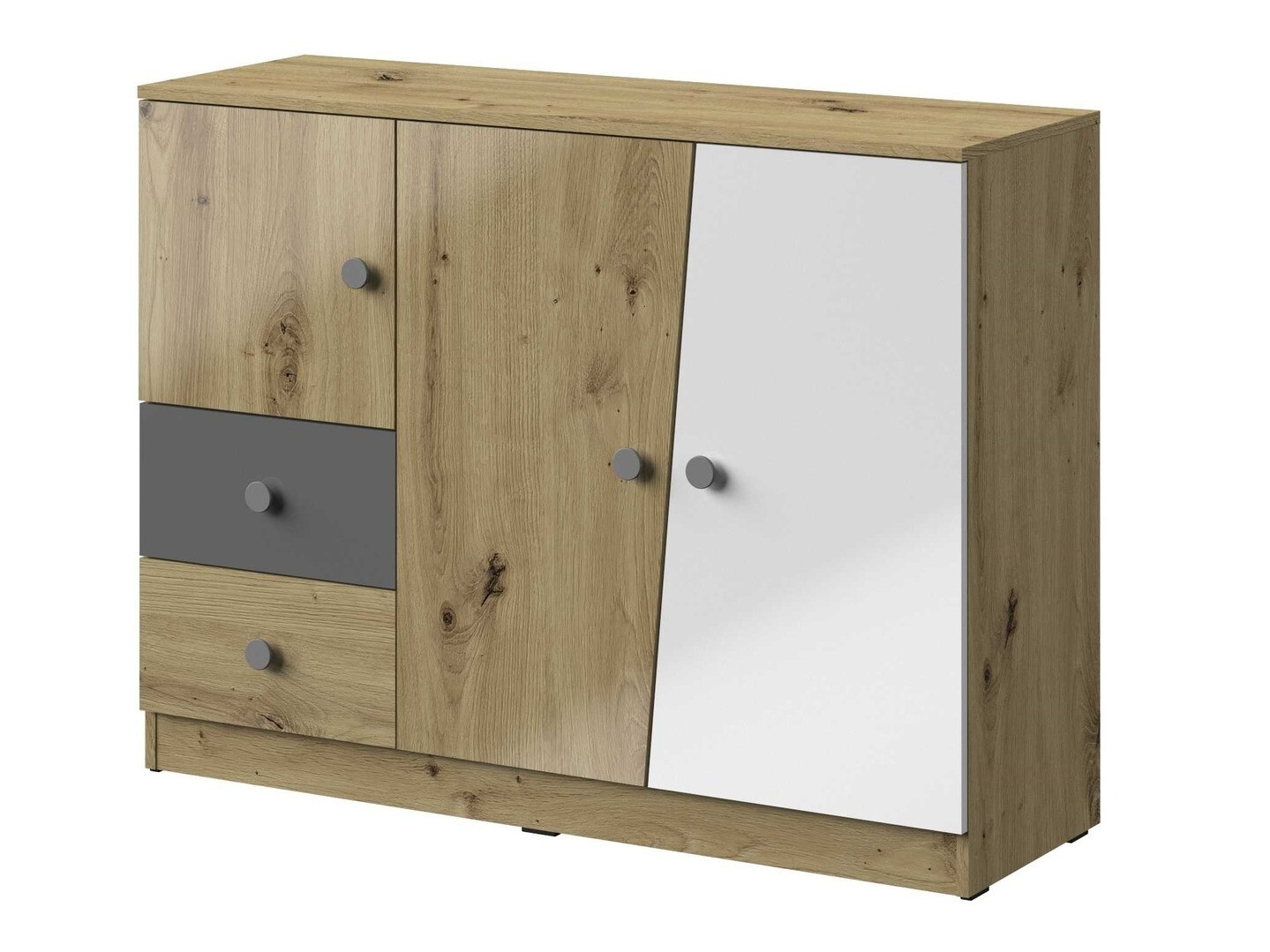 Cómoda Mirelbu 106 (Roble Artisan + Blanco brillante + Gris brillante)