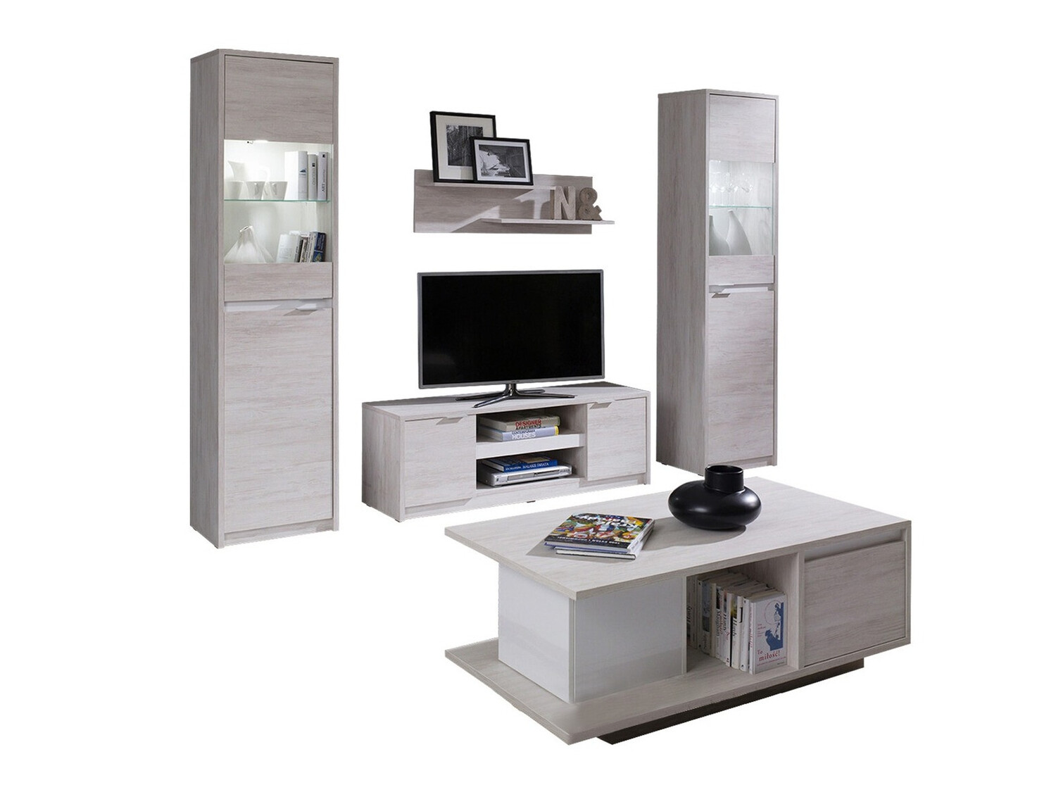 Conjunto de salón Fivelbo 114 (Roble blanqueado + Blanco brillante)