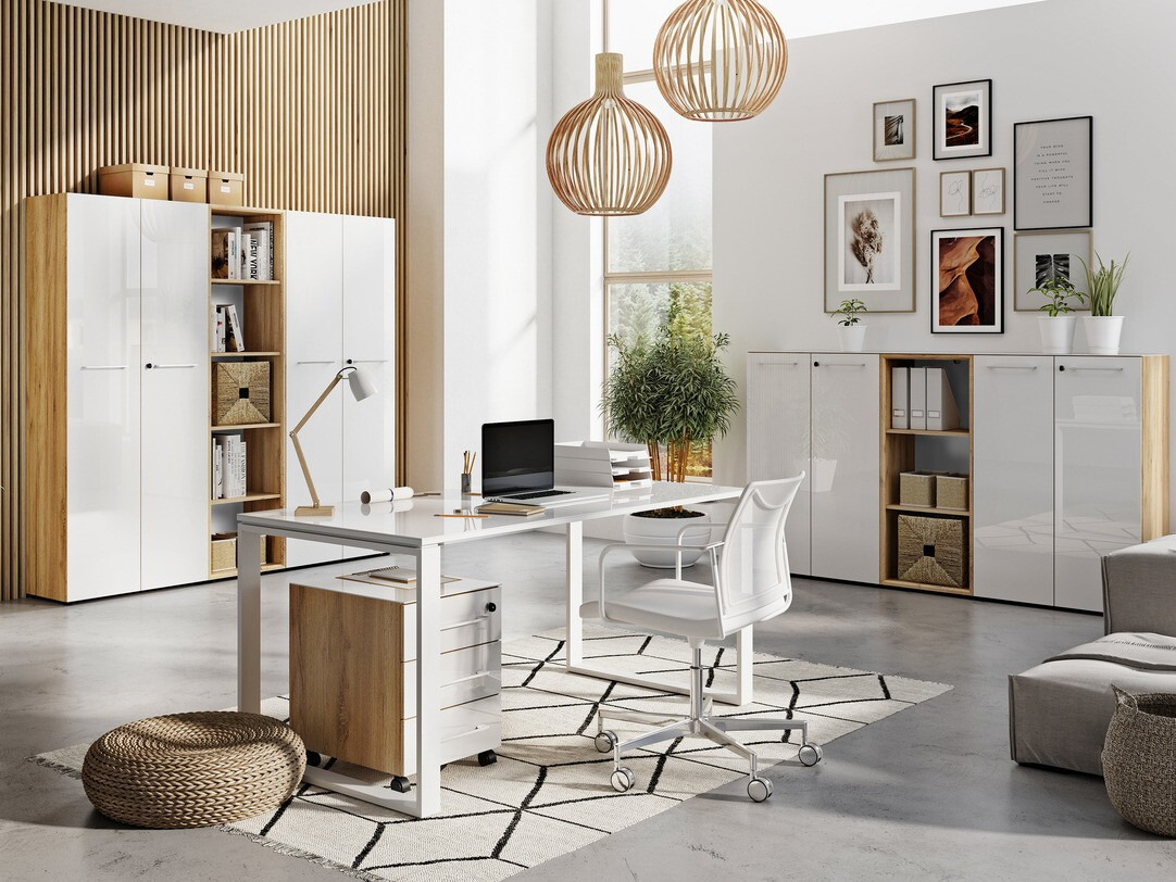 Estantería Catcamu 104 (Blanco brillante + Navarra roble)