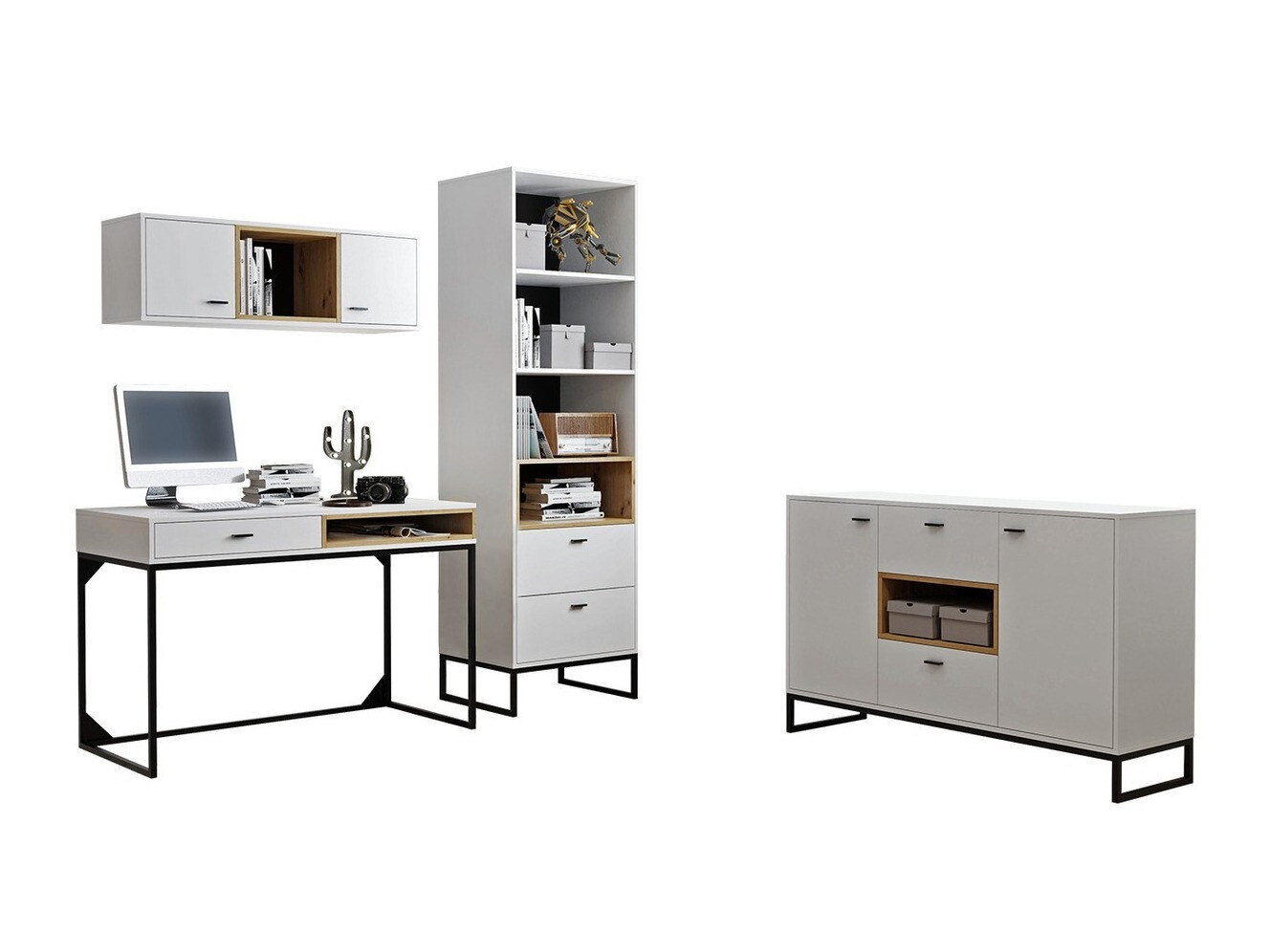 Conjunto para oficina en casa Baltesi 116 (Blanco + Roble Artisan)