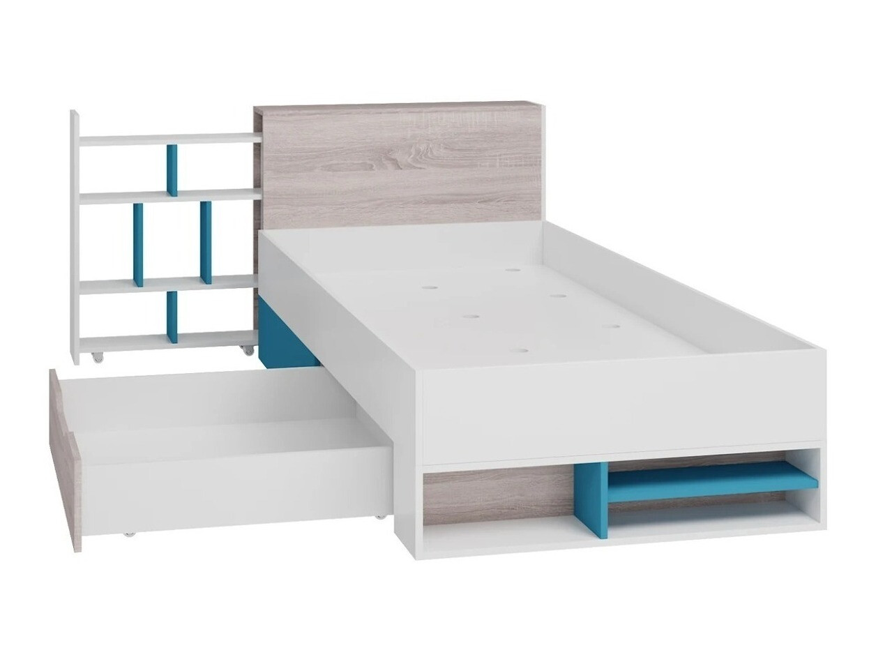 Conjunto de dormitorio infantil Camteso 114 (Blanco + Roble + Turquesa)