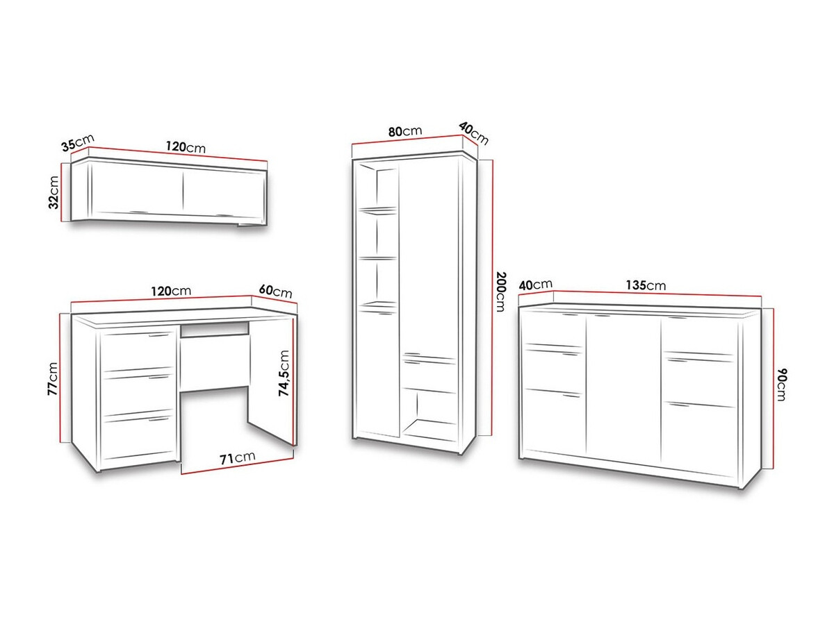 Conjunto de oficina Fivelbo 116 (Roble blanqueado + Grafito brillante)