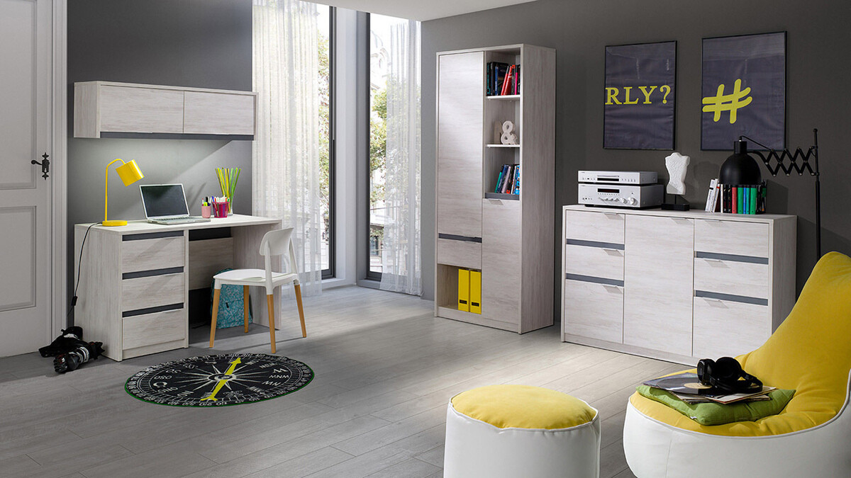 Conjunto de oficina Fivelbo 116 (Roble blanqueado + Grafito brillante)