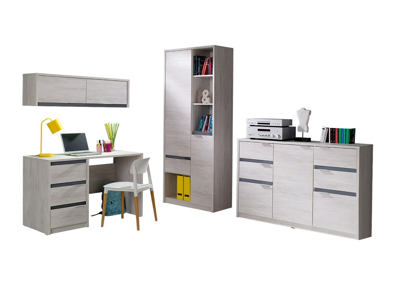 Conjunto de oficina Fivelbo 116 (Roble blanqueado + Grafito brillante)