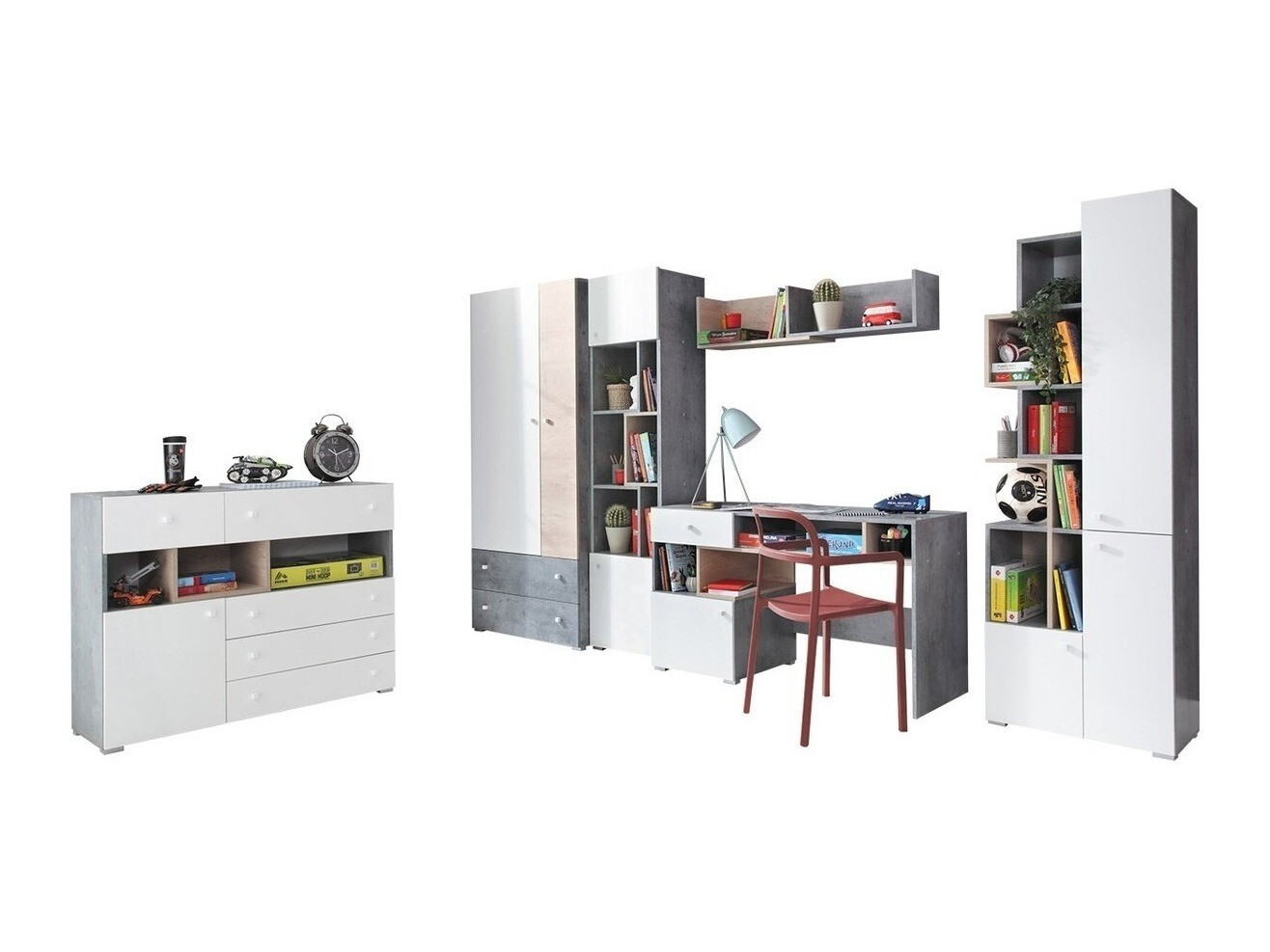 Juego de muebles Omaha J120 (Hormigón + Blanco + Roble)