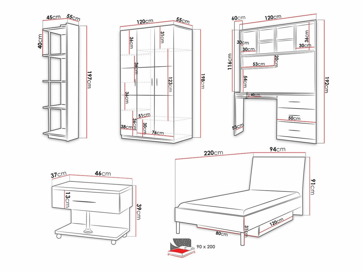 Conjunto de dormitorio infantil Campus (Blanco brillante + Gris brillante)