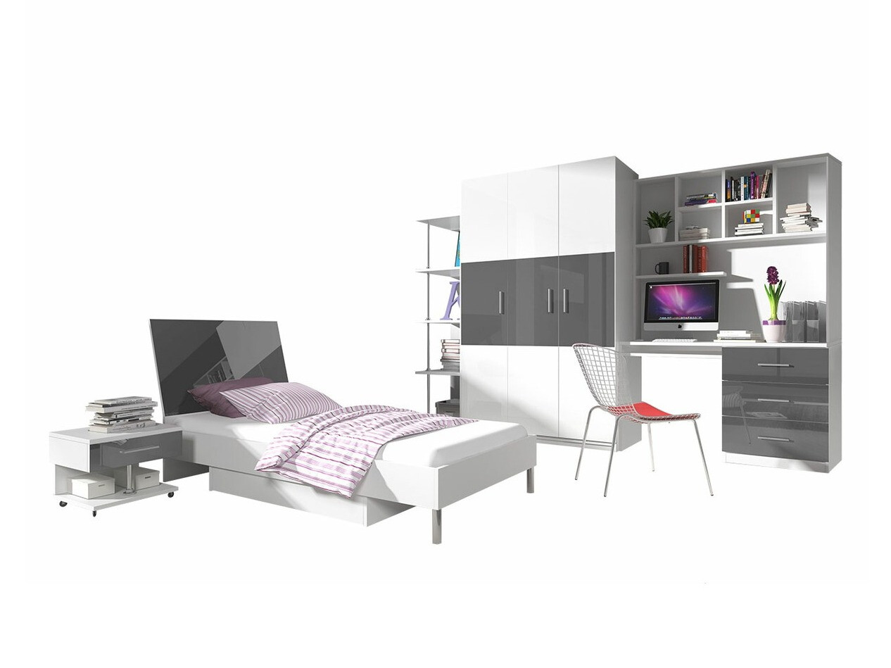 Conjunto de dormitorio infantil Campus (Blanco brillante + Gris brillante)
