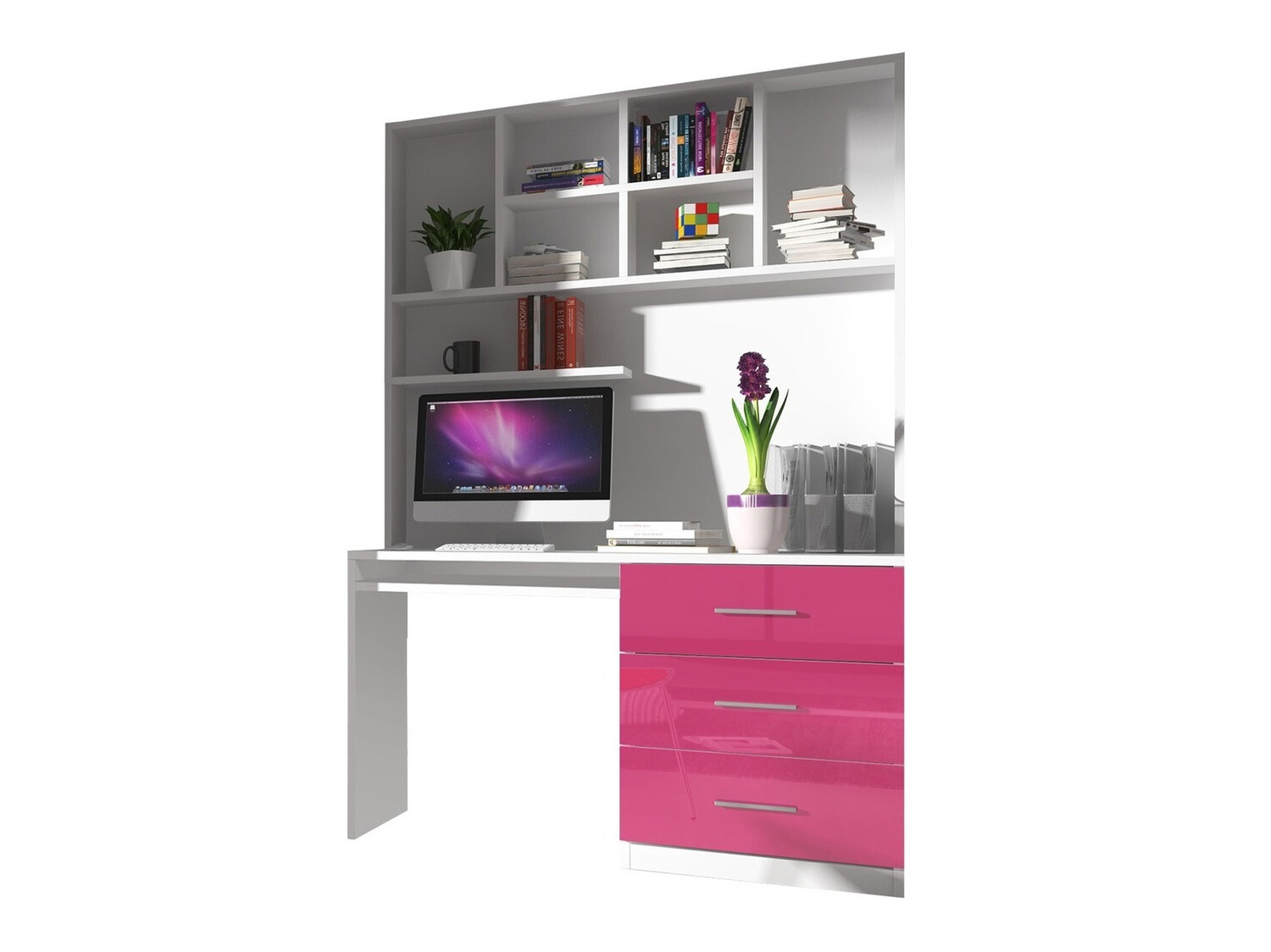 Conjunto de dormitorio infantil Campus (Blanco brillante + Rosa brillante)