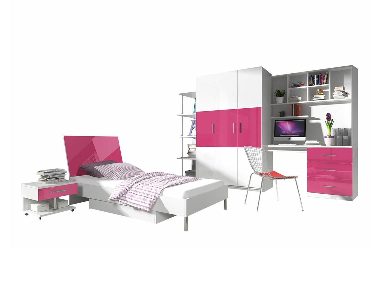 Conjunto de dormitorio infantil Campus (Blanco brillante + Rosa brillante)