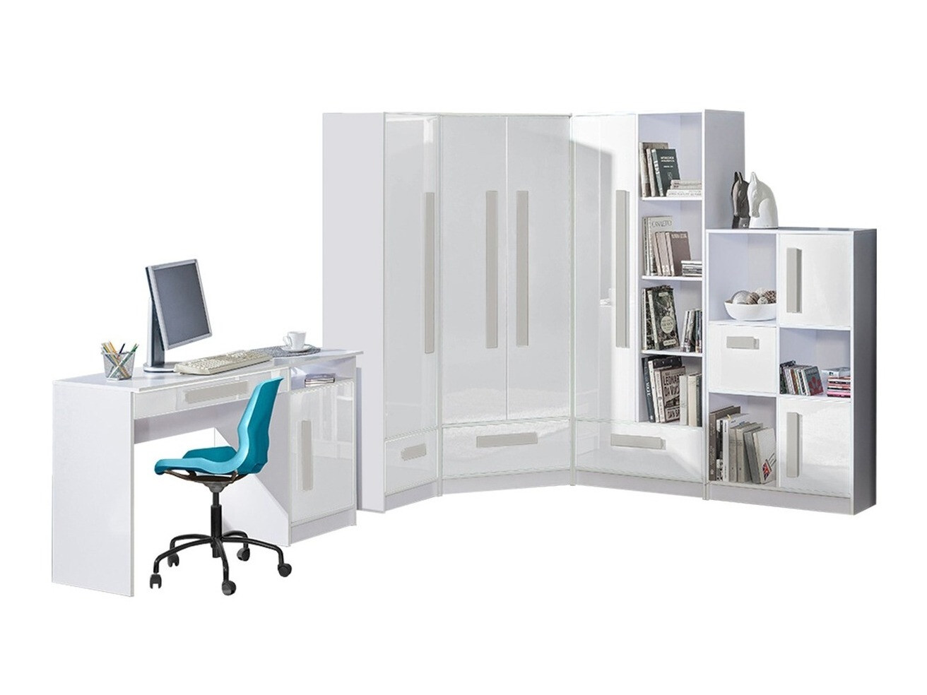 Conjunto de dormitorio infantil Merevari 107 (Blanco + Blanco brillante + Gris)