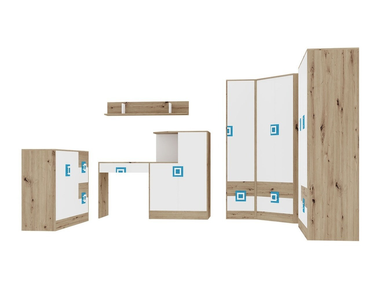 Conjuntos de muebles Tolfere 106 (Roble claro + Blanco + Turquesa)