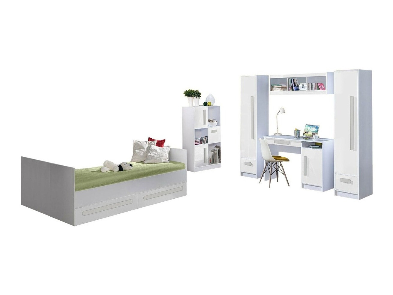 Conjunto de dormitorio infantil Merevari 108 (Blanco + Blanco brillante + Gris)