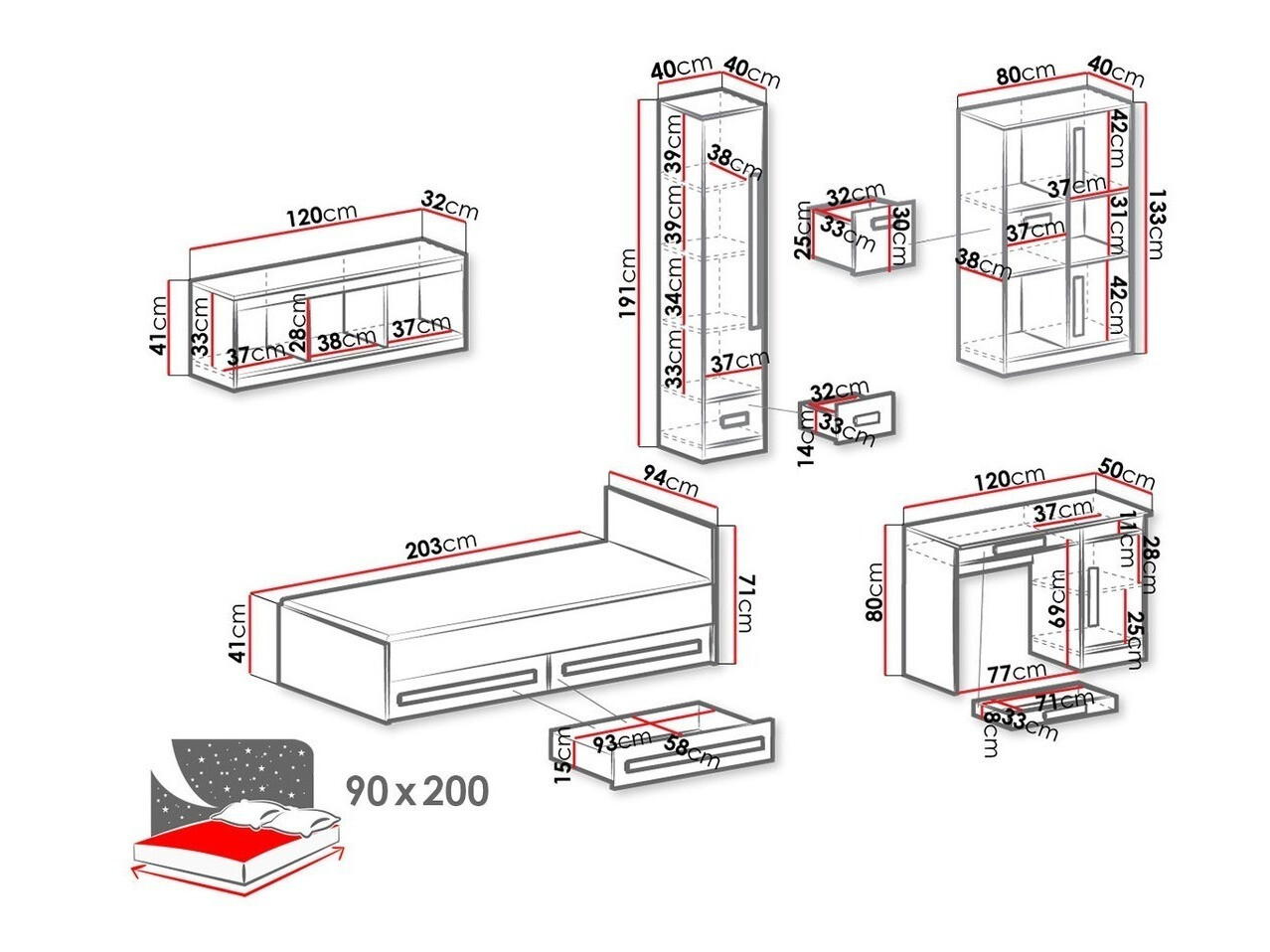 Conjunto de dormitorio infantil Merevari 108 (Blanco + Blanco brillante + Gris)