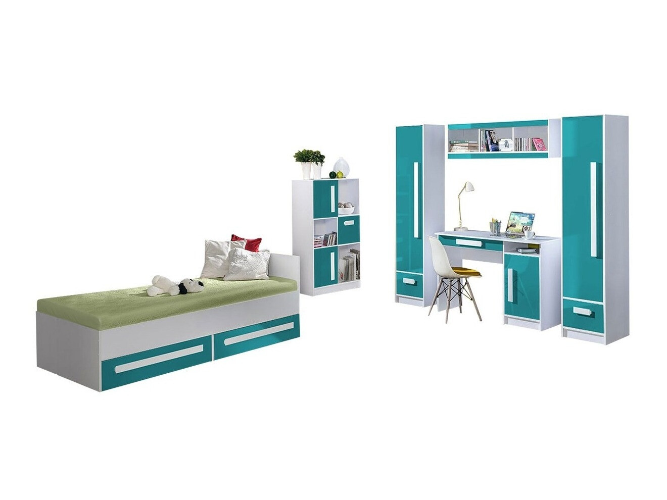 Conjunto de dormitorio infantil Merevari 108 (Blanco + Brillo Turquesa)