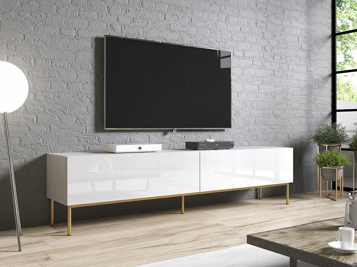 Mueble TV Charlotte 160 (Blanco + Blanco brillante + Dorado)