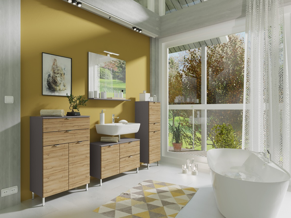 Armario de baño de pie Lomcamo 102 (Roble nieto + Grafito)