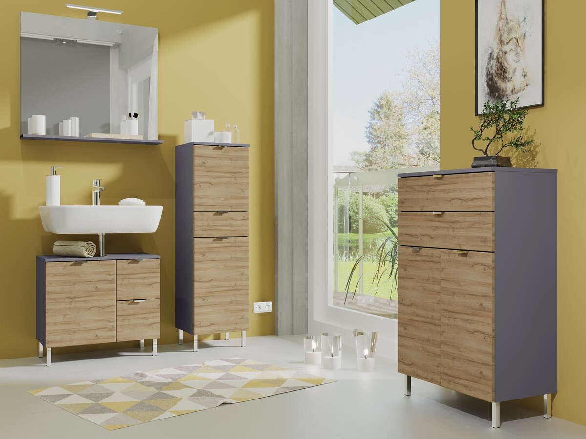 Armario de baño de pie Lomcamo 102 (Roble nieto + Grafito)