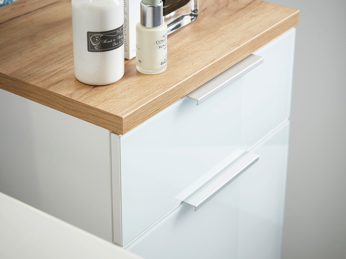 Armario de baño de pie para lavabo Levciro 102 (Blanco brillante + Navarra roble)