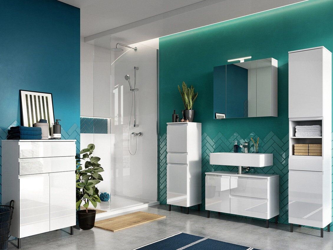 Armario de baño de pie para lavabo Talmira 102 (Blanco brillante + Blanco)