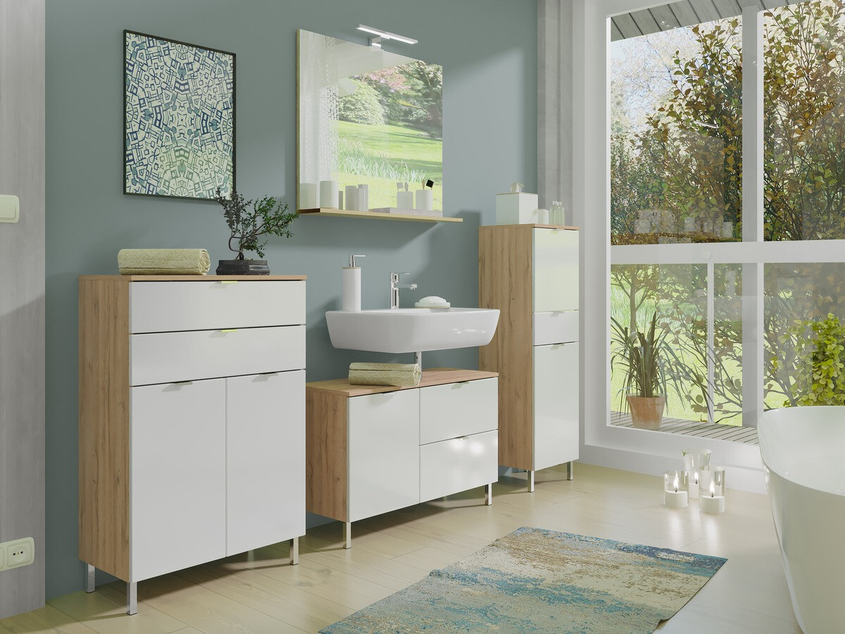 Armario de pie para baño Lomcamo 102 (Blanco brillante + Roble nieto)