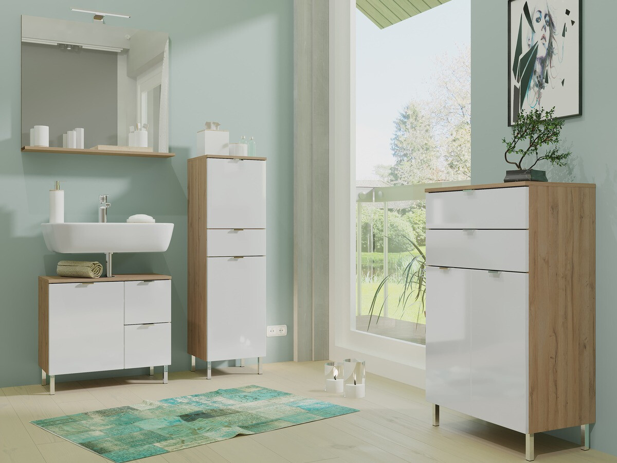 Armario de pie para baño Lomcamo 102 (Blanco brillante + Roble nieto)