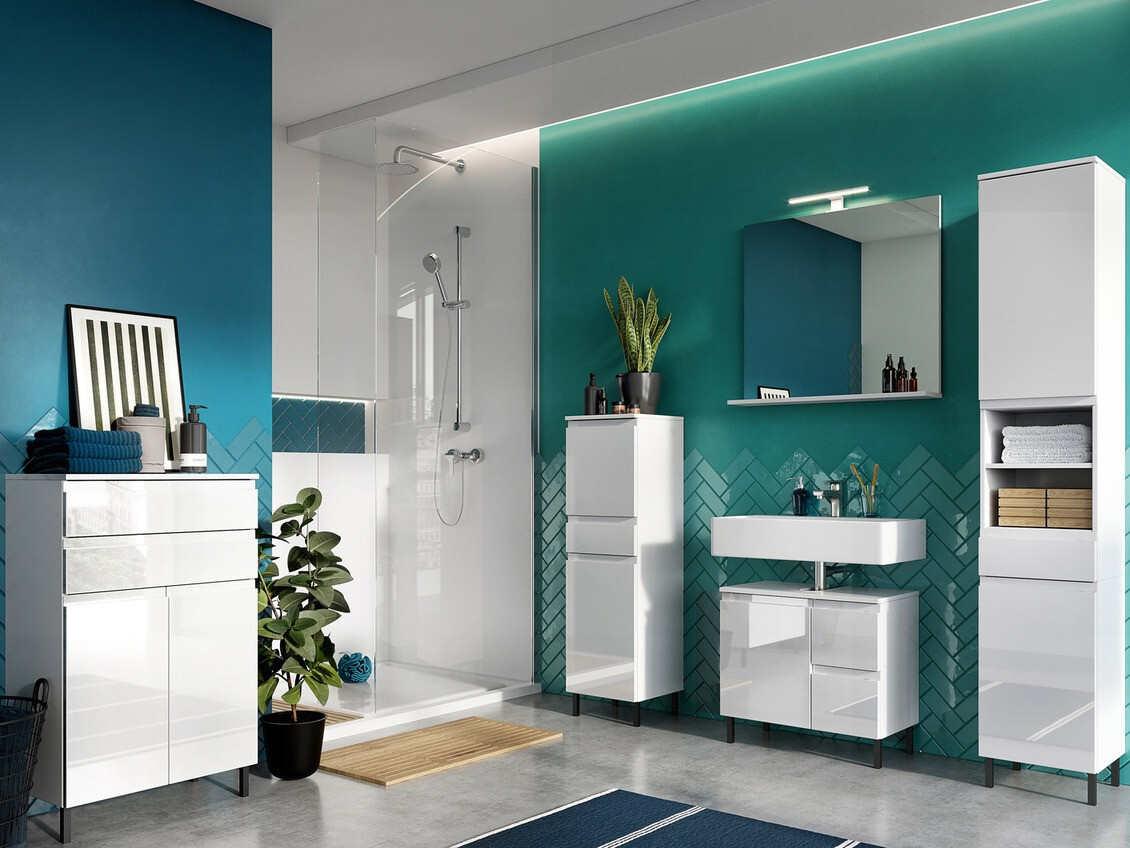 Armario de pie para baño Talmira 100 (Blanco brillante + Blanco)