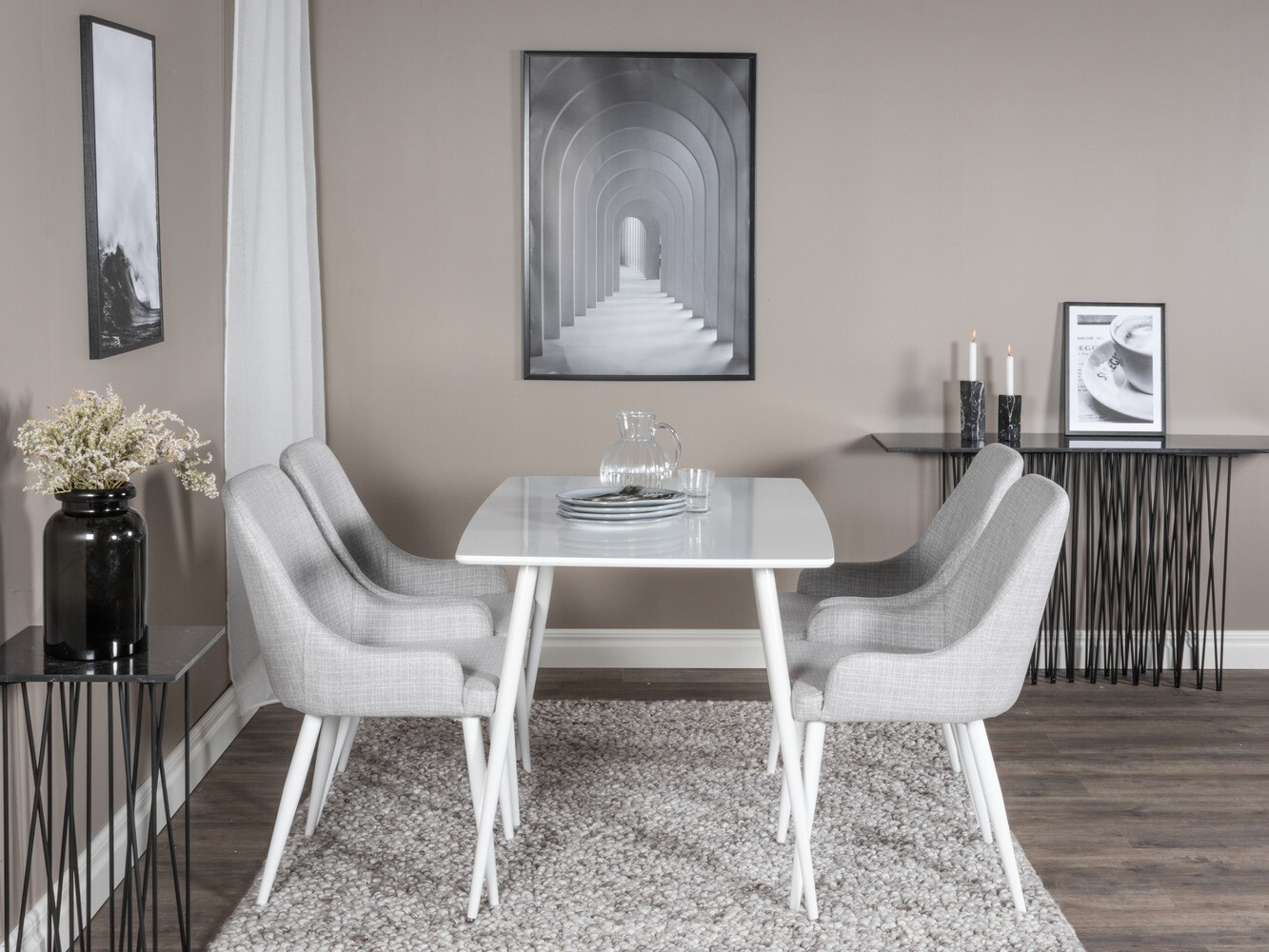 Conjunto de mesas y sillas para comedor Dallas 1895 (Blanco + Gris claro)