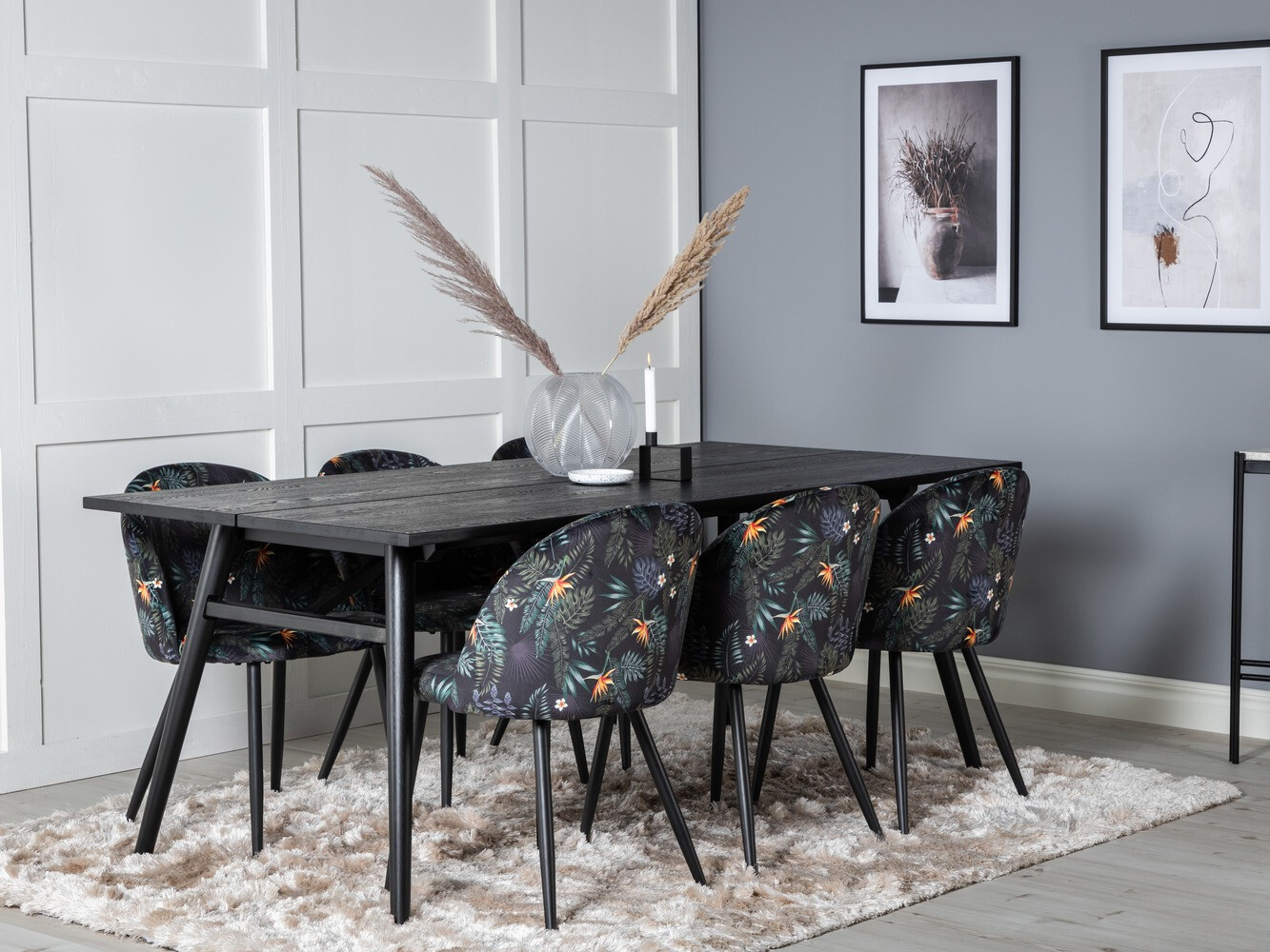 Conjunto de comedor Dallas 1676 (Patrón floral + Negro)