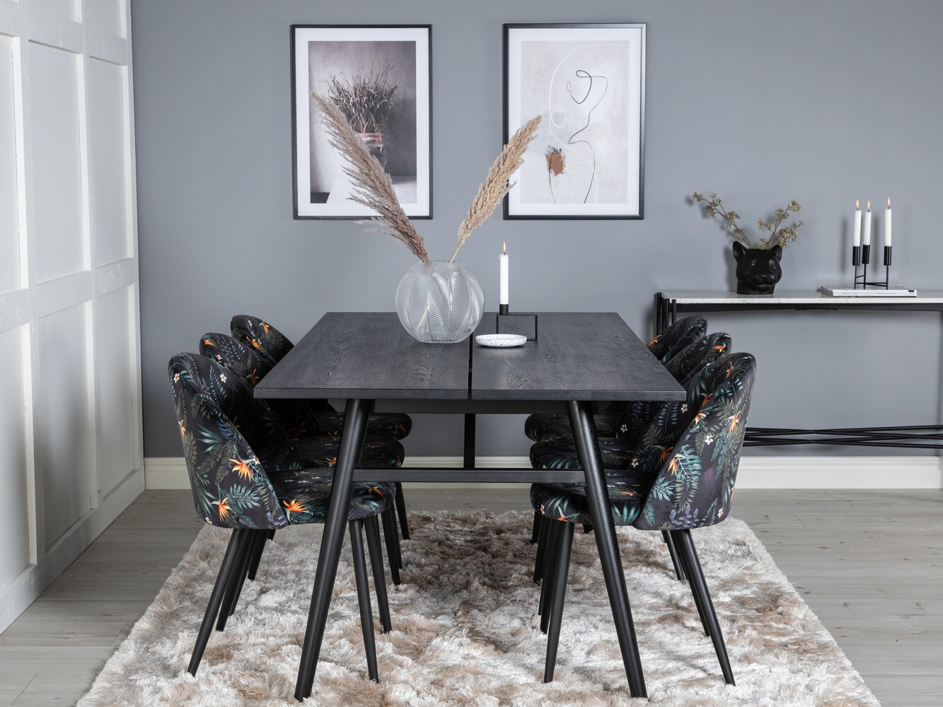 Conjunto de comedor Dallas 1676 (Patrón floral + Negro)